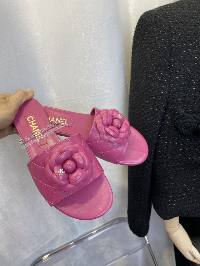 Chanel香奈兒2022春夏系列頂級版本山茶花羊皮涼拖鞋 dx2812